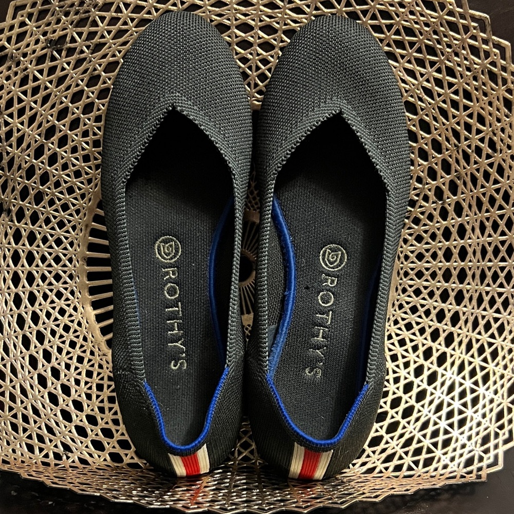 Rothy's Black and Blue Flats Cherry Ribbon or Racing Stripe